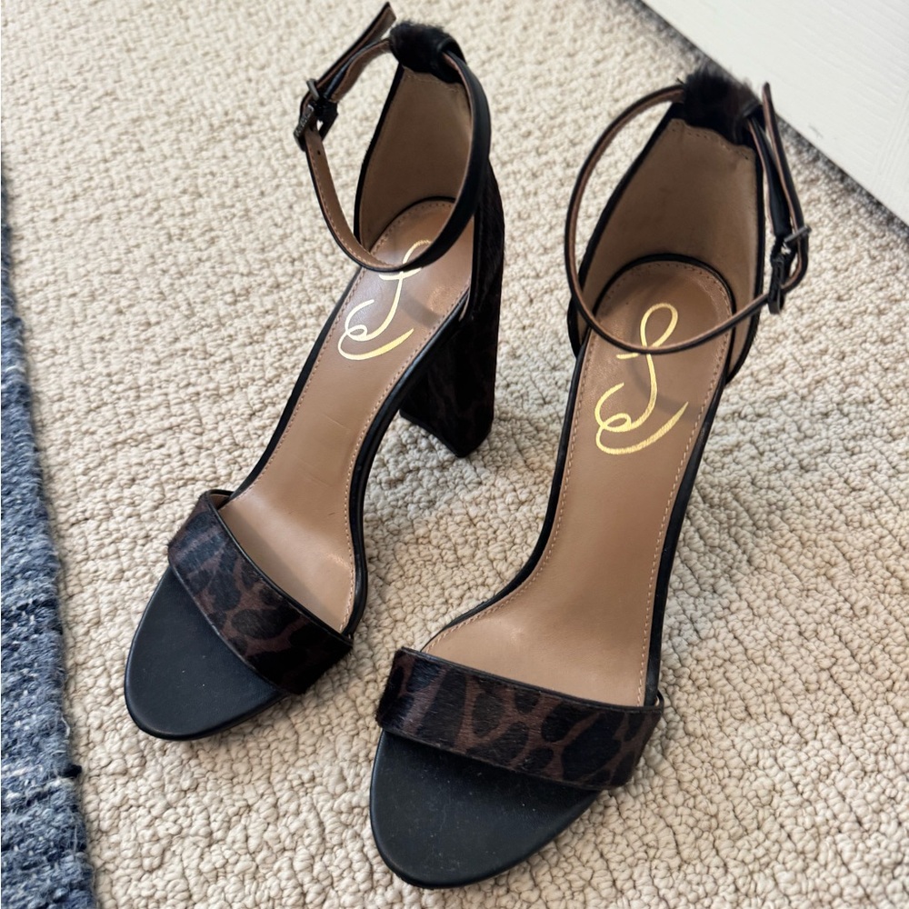 Sam Edelman Yaro Black/Leopard Calf Hair Heels with Chunky Block Heel